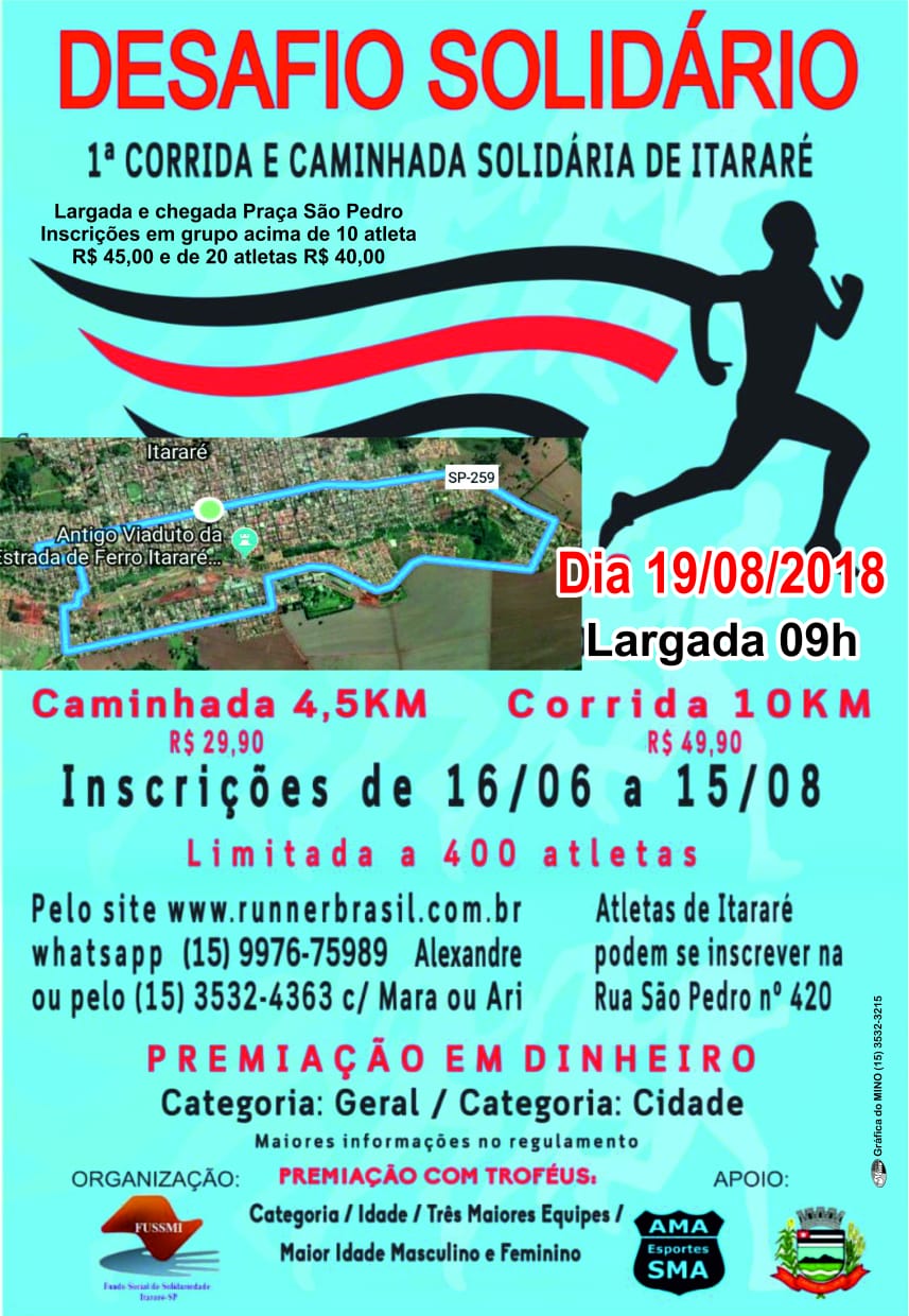 Inscrições para a 1ª Corrida e Caminhada Solidária de Itararé (SP) seguem até 15 de agosto