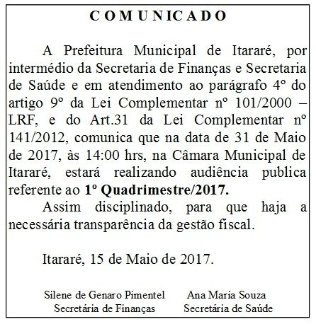 Prefeitura de Itararé realizará Audiência Pública de prestação de contas