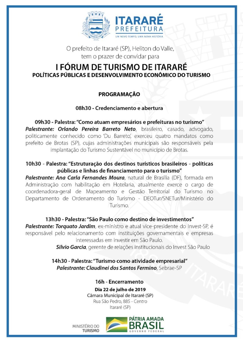 Prefeitura de Itararé (SP) realizará I Fórum de Desenvolvimento Turístico