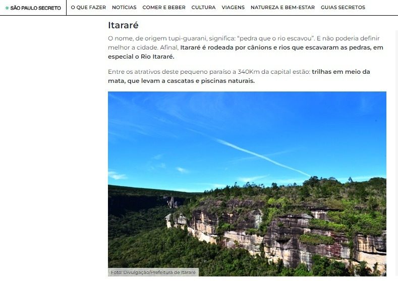Itararé (SP) é citada como opção de destino para o verão em site especializado em turismo