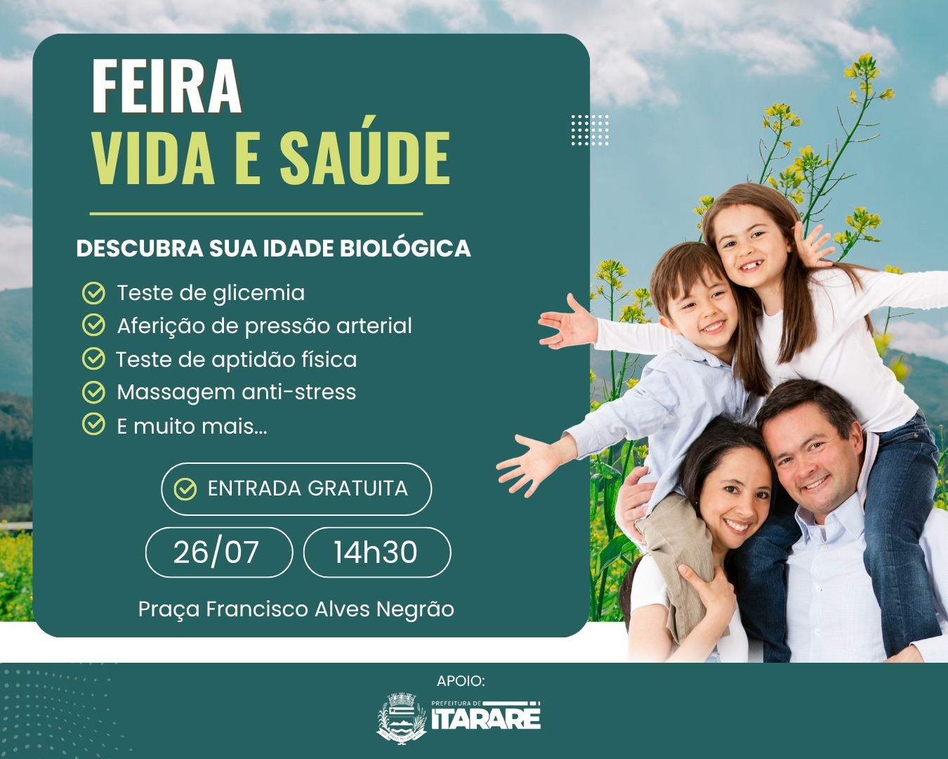 Fim de semana em Itararé (SP) terá Feira de Saúde gratuita na Praça São Pedro