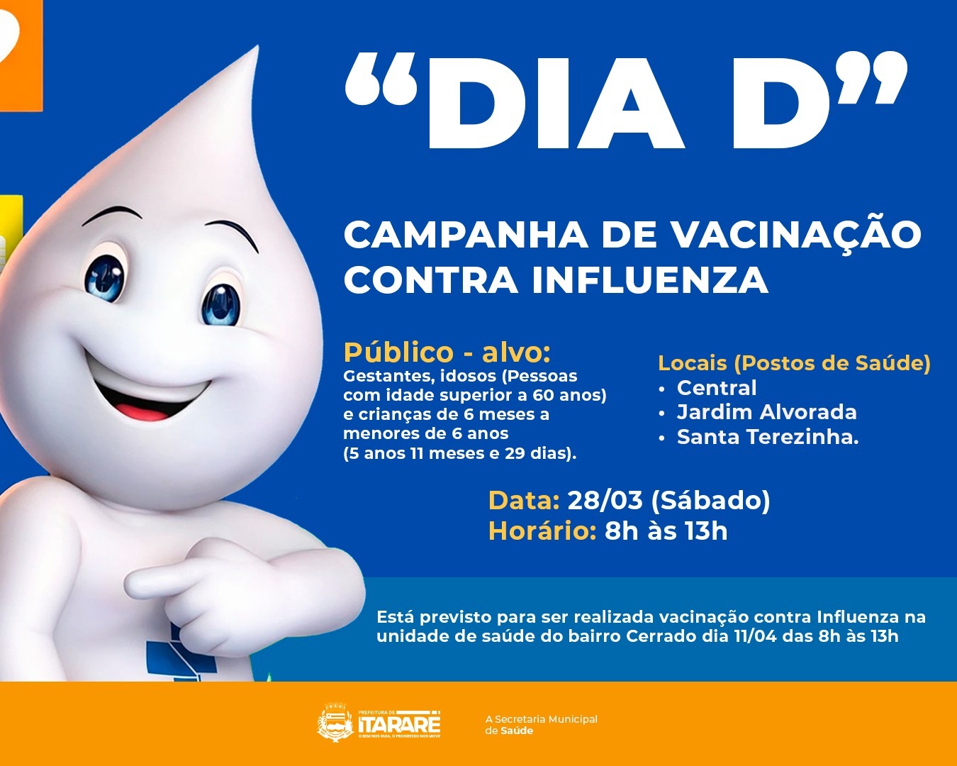 Prefeitura de Itararé realiza “Dia D” de vacinação contra Influenza neste sábado (28)