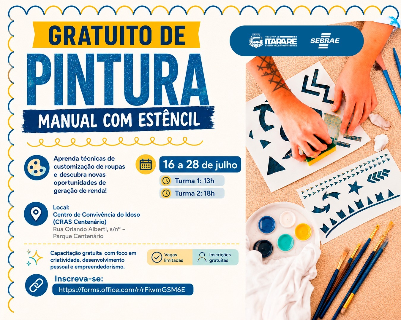 Prefeitura de Itararé e Sebrae abrem inscrições para curso gratuito de pintura manual com estêncil para customização de roupas