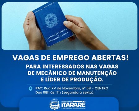 PAT Itararé divulga vagas para mecânico de manutenção e líder de produção