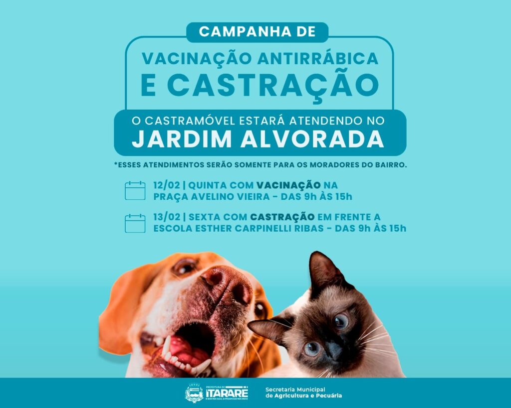 Causa Animal – Prefeitura de Itararé (SP) anuncia vacinação antirrábica e castração no Jardim Alvorada Causa Animal – Prefeitura de Itararé (SP) anuncia vacinação antirrábica e castração no Jardim Alvorada