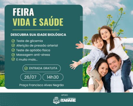 Fim de semana em Itararé (SP) terá Feira de Saúde gratuita na Praça São Pedro Fim de semana em Itararé (SP) terá Feira de Saúde gratuita na Praça São Pedro