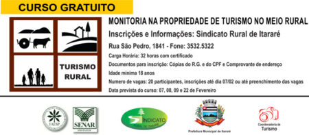 Inscrição para curso de Turismo no Meio Rural está aberta curso turismo arte