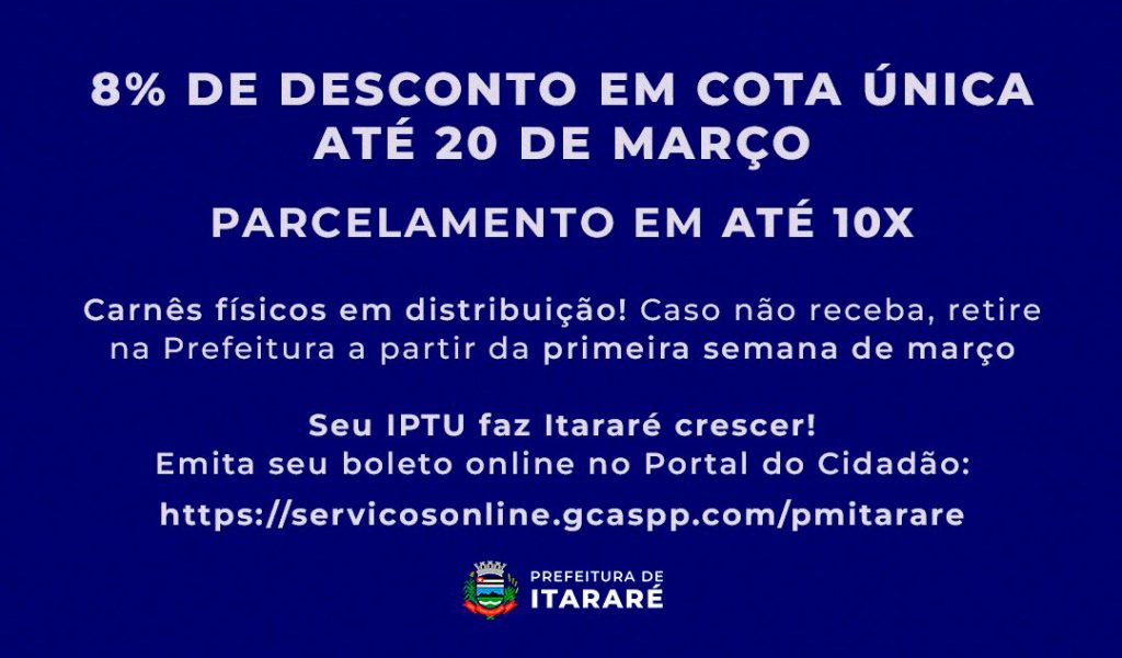 IPTU 2025: Prefeitura de Itararé (SP) inicia entrega de carnês