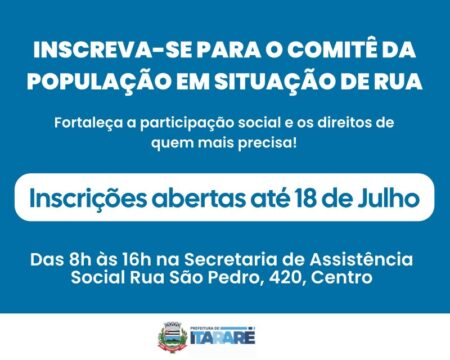 Itararé (SP) abre inscrições para representantes da sociedade civil no Comitê da Política para População em Situação de Rua Itararé (SP) abre inscrições para representantes da sociedade civil no Comitê da Política para População em Situação de Rua