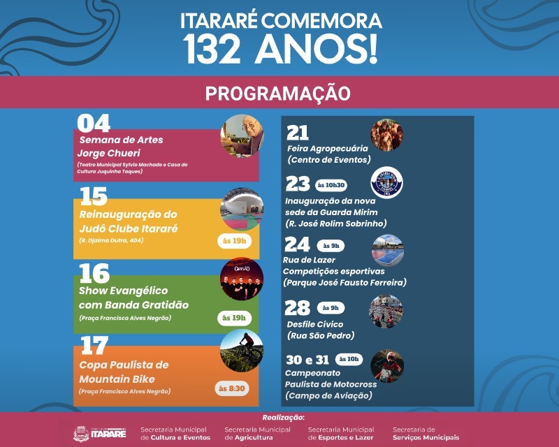 Itararé (SP) celebra 132 anos com mês recheado de cultura, esporte, cidadania e emoção Itararé (SP) celebra 132 anos com mês recheado de cultura, esporte, cidadania e emoção