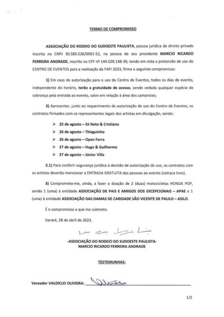 NOTA OFICIAL: Prefeitura de Itararé (SP) esclarece sobre Termo de Compromisso assinado pela ARSP