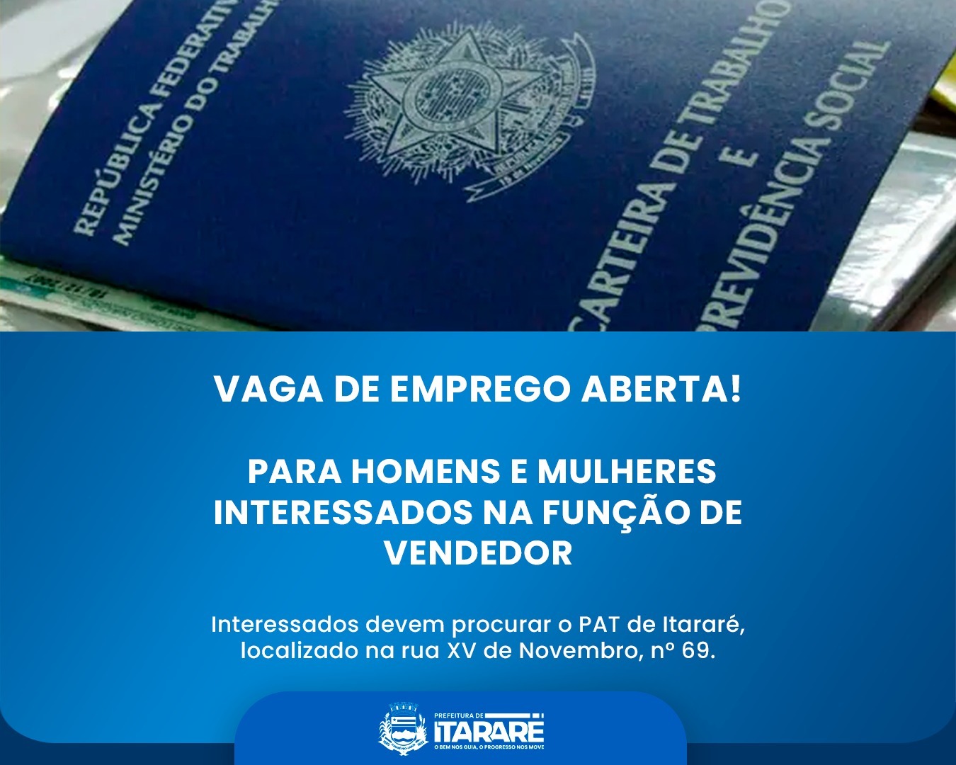PAT de Itararé divulga vaga de emprego para vendedor(a)
