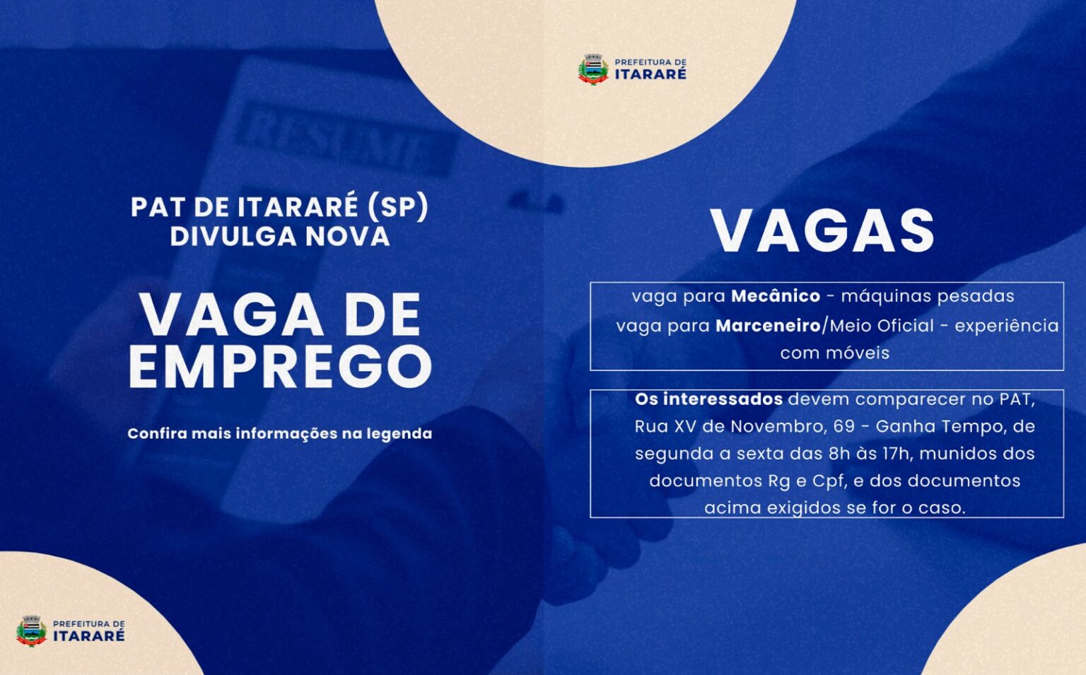 PAT de Itararé (SP) divulga duas novas vagas de emprego PAT de Itararé (SP) divulga duas novas vagas de emprego