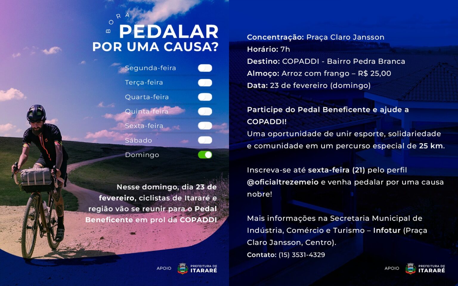Pedal Beneficente em prol à Copaddi acontece dia 23 em Itararé (SP) Pedal Beneficente em prol à Copaddi acontece dia 23 em Itararé (SP)