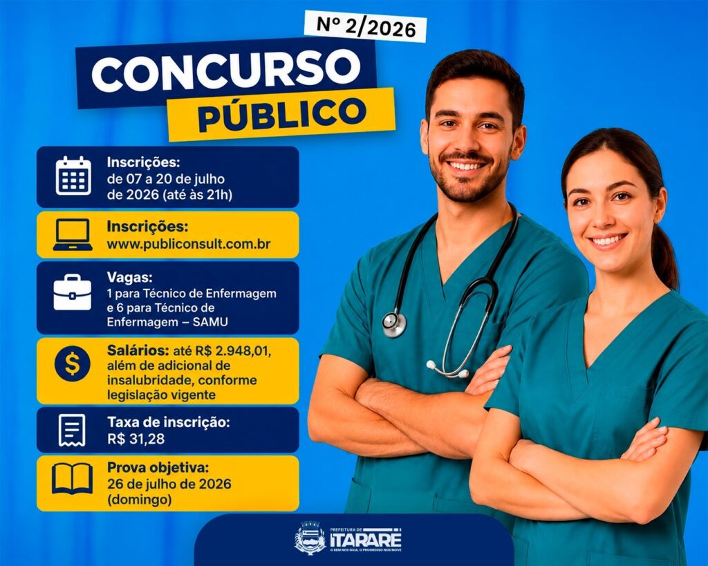 Prefeitura de Itararé abre inscrições para concurso público para Técnico de Enfermagem