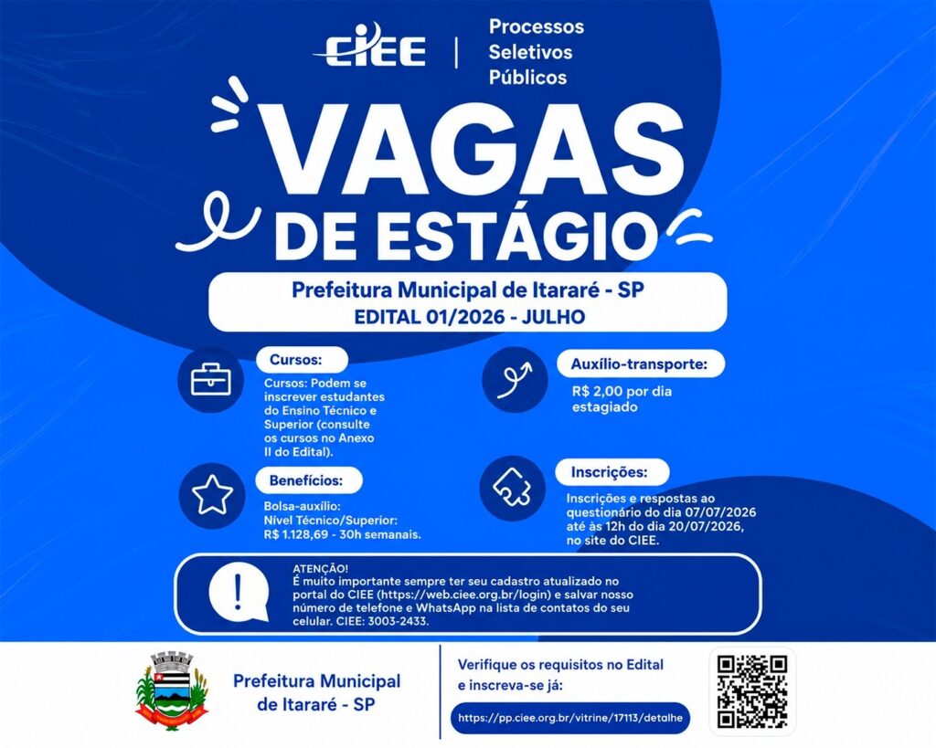 Prefeitura de Itararé abre inscrições para processo seletivo de estagiários de níveis técnico e superior