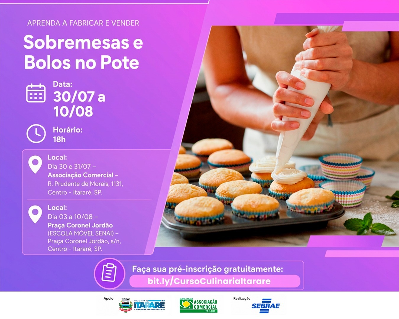 Prefeitura de Itararé e Sebrae abrem inscrições para curso gratuito de fabricação e venda de sobremesas e bolos no pote