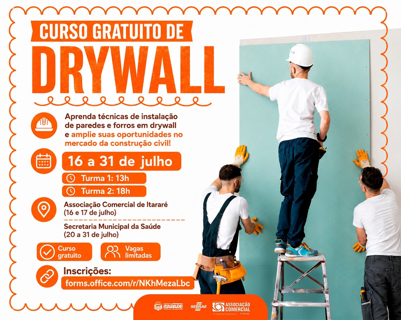 Prefeitura de Itararé e Sebrae-SP oferecem curso gratuito de instalação de paredes e forros em drywall