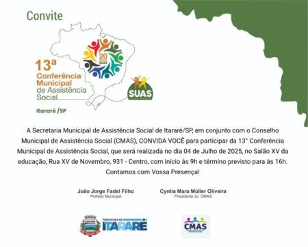 Prefeitura de Itararé realizará a 13ª Conferência Municipal de Assistência Social nesta sexta-feira (4) Prefeitura de Itararé realizará a 13ª Conferência Municipal de Assistência Social nesta sexta-feira (4)