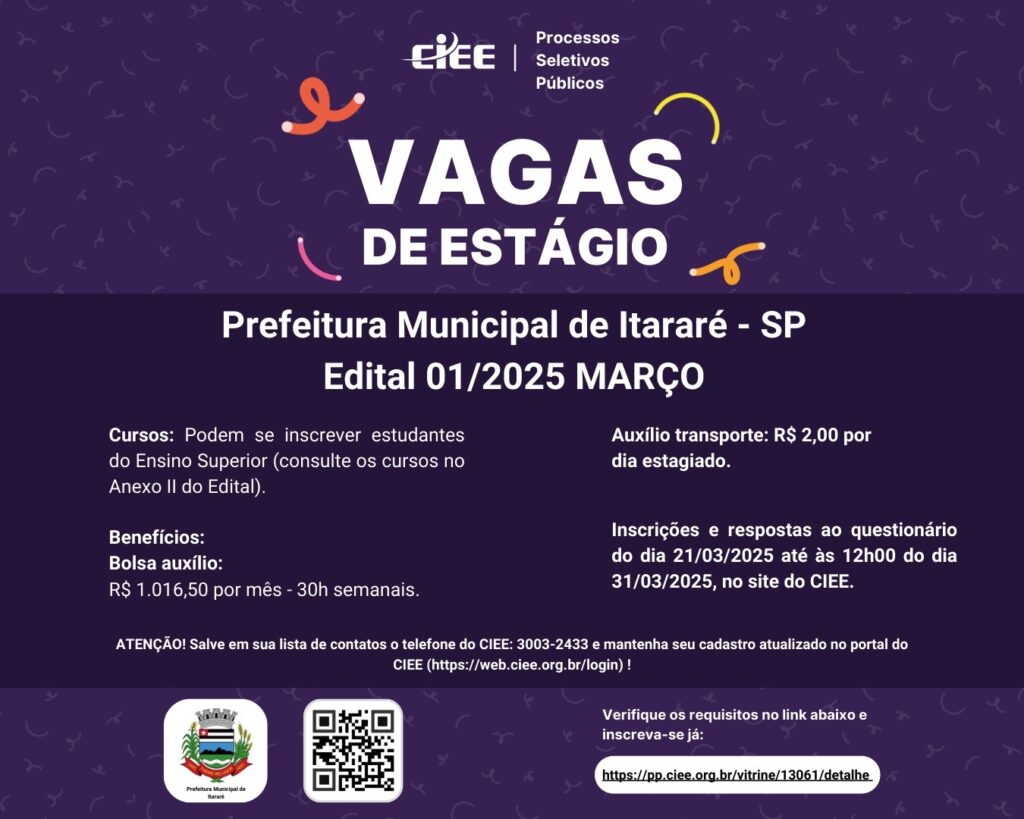 Prefeitura de Itararé (SP) abre processo seletivo para estagiários