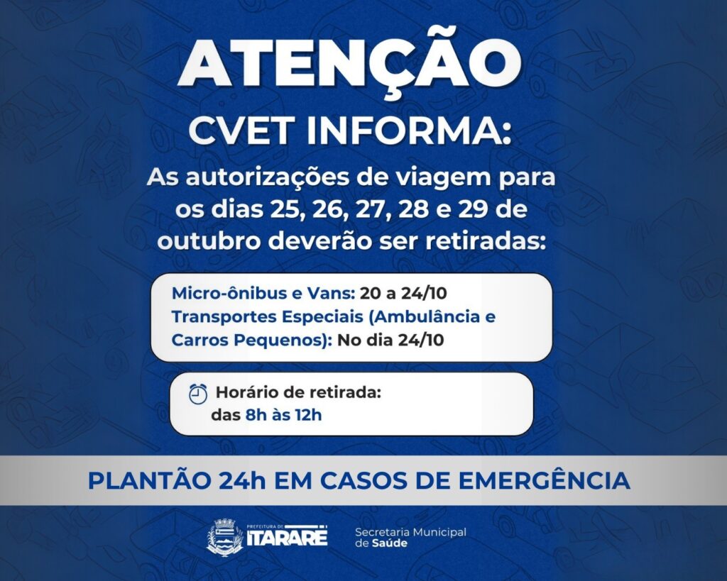 Prefeitura de Itararé (SP) divulga cronograma para retirada de autorizações de viagem para consultas e exames em outros municípios Prefeitura de Itararé (SP) divulga cronograma para retirada de autorizações de viagem para consultas e exames em outros municípios