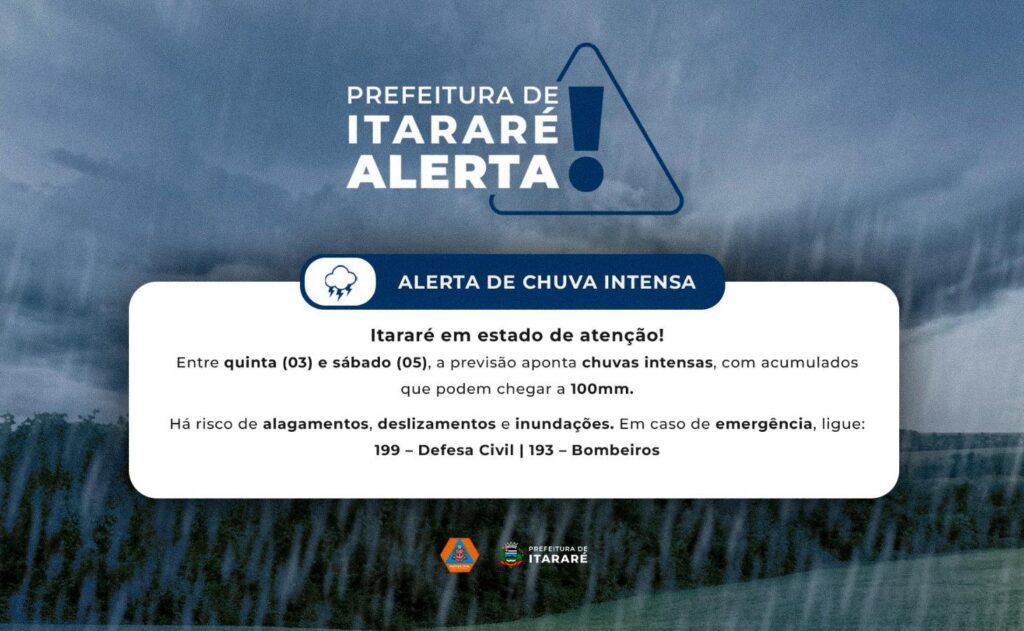 Prefeitura de Itararé (SP) emite alerta de risco meteorológico
