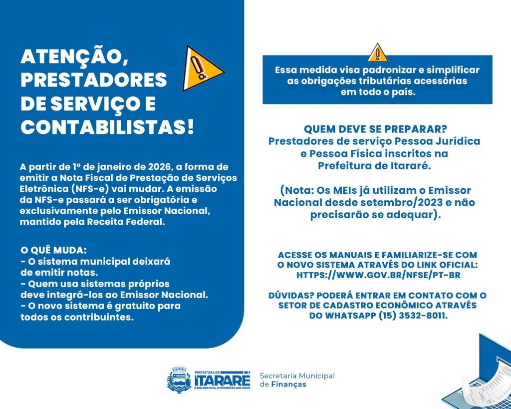 Prefeitura de Itararé (SP) informa mudanças na emissão da NFS-e a partir de janeiro de 2026
