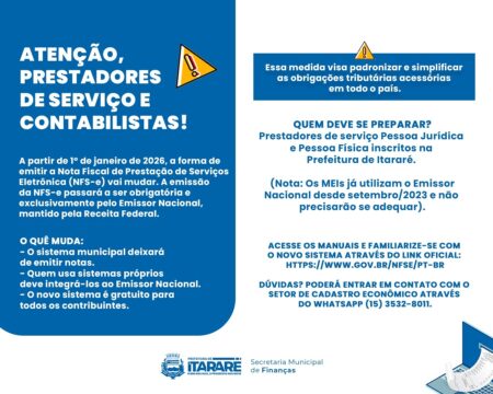 Prefeitura de Itararé (SP) informa mudanças na emissão da NFS-e a partir de janeiro de 2026