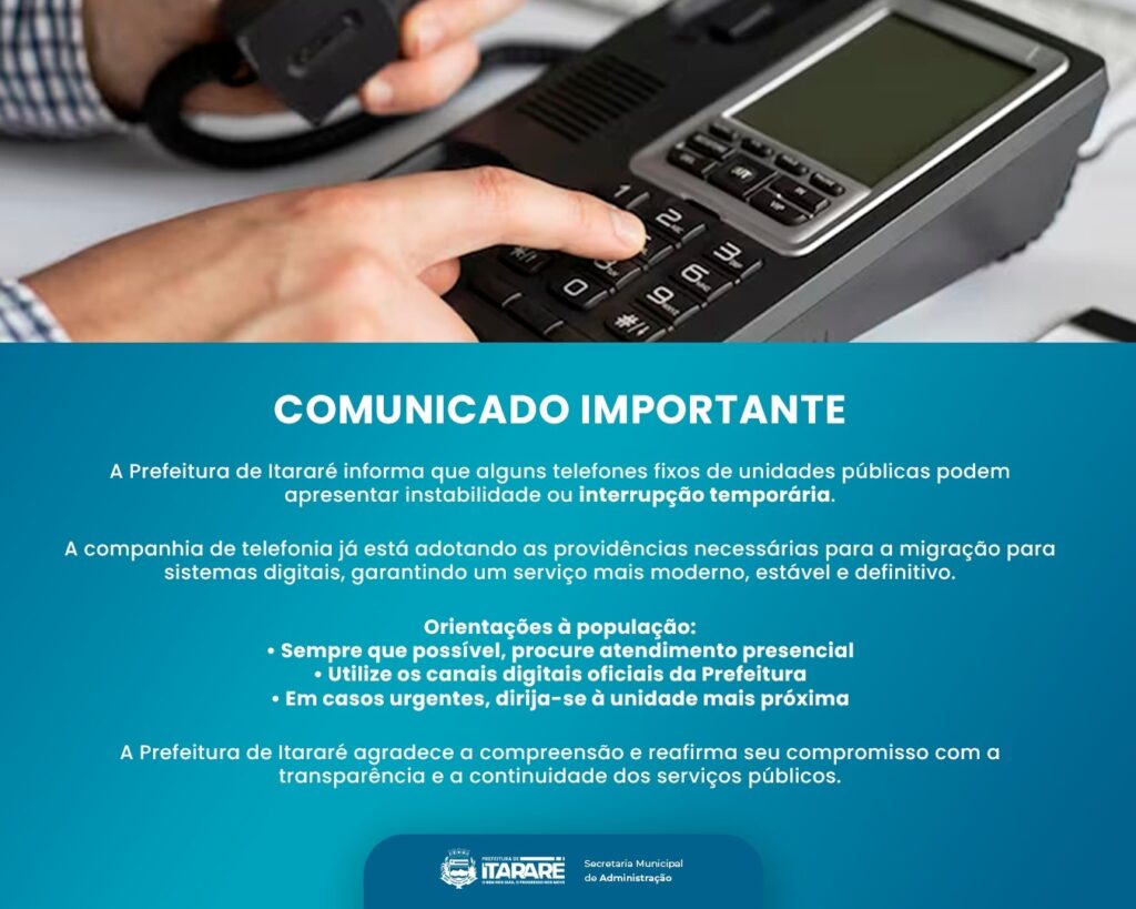 Prefeitura de Itararé (SP) informa sobre instabilidade nas linhas telefônicas fixas