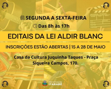 Prefeitura de Itararé (SP) lança edital com recursos da Lei Aldir Blanc para apoio a projetos culturais em diversas áreas Prefeitura de Itararé (SP) lança edital com recursos da Lei Aldir Blanc para apoio a projetos culturais em diversas áreas