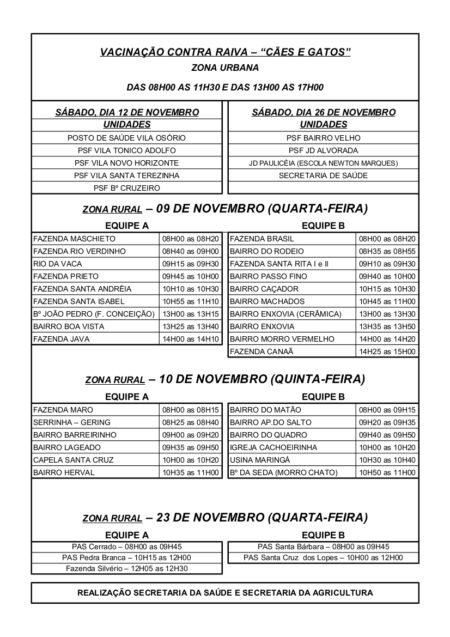 Prefeitura divulga calendário da Campanha de Vacinação Antirrábica Roteiro 2016