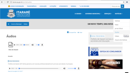 Site da Prefeitura de Itararé (SP) disponibiliza áudios à população e imprensa
